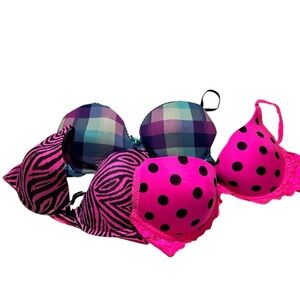 Xhilaration Bra Bundle 36C Push Up Pink Zebra Polka Dot Plaid Lot 3